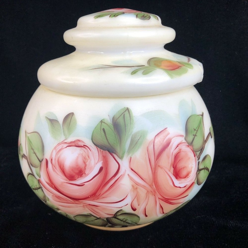 Davis Lynch Company Pink Rose Jar‎ With Lid Cover Bowl Dish Vintage Milk Glass